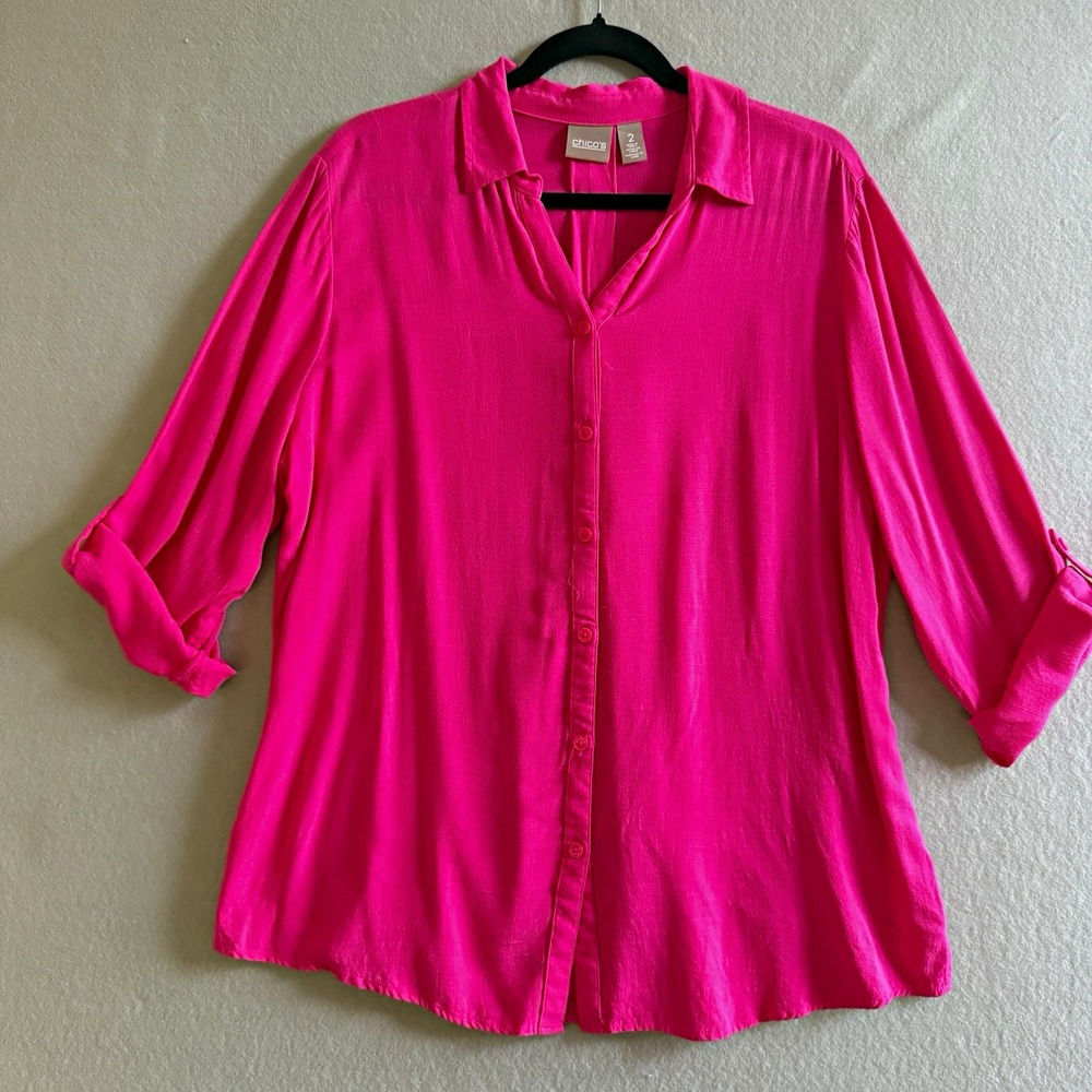Chico's Womens Size 2 Pink Solid Woven Button-Up Collared 3/4 Rolltab Sleeve Top